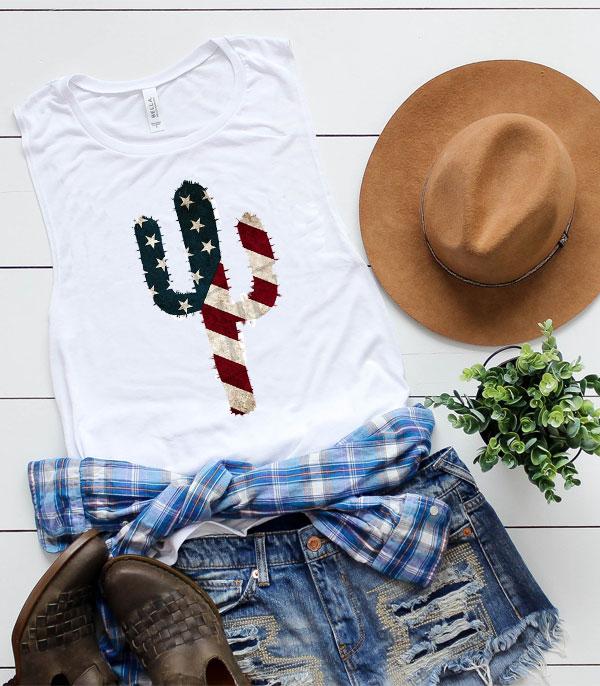 <font color=RED>RED,WHITE, AND BLUE</font> :: Wholesale Patriotic Cactus Vintage Muscle Tank