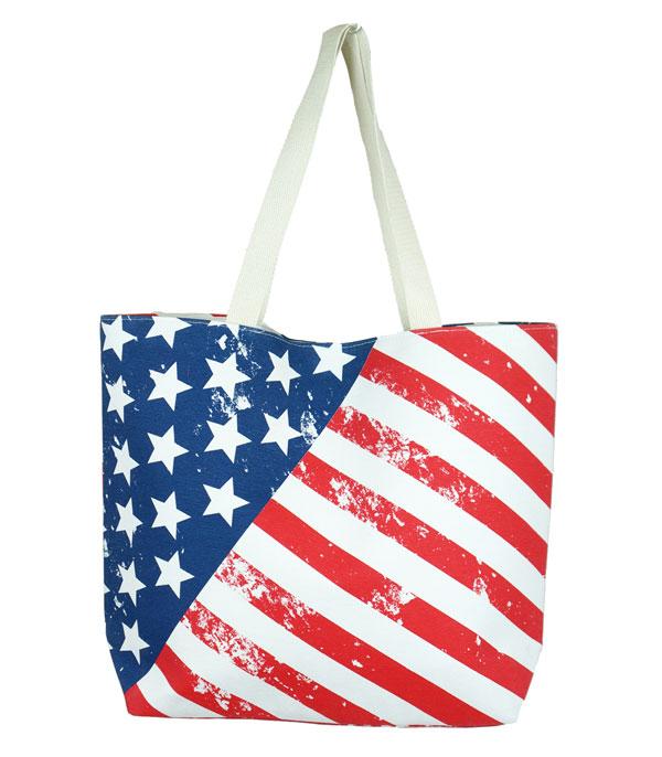 <font color=RED>RED,WHITE, AND BLUE</font> :: Wholesale American Flag Print Tote Bag