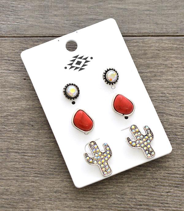 EARRINGS :: POST EARRINGS :: Wholesale 3PC Set Cactus Earrings