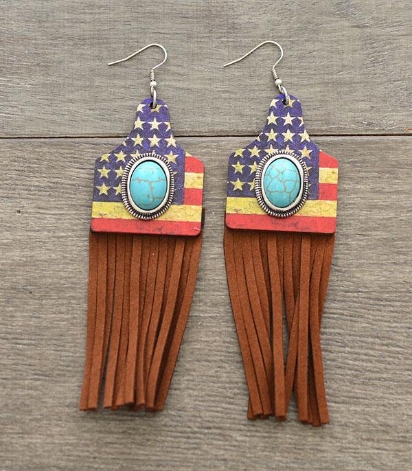 <font color=RED>RED,WHITE, AND BLUE</font> :: Wholesale Cattle Tag Wood Tassel Earrings
