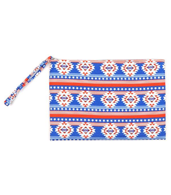 <font color=RED>RED,WHITE, AND BLUE</font> :: Wholesale Star Stripes Patriotic Aztec Pouch Bag