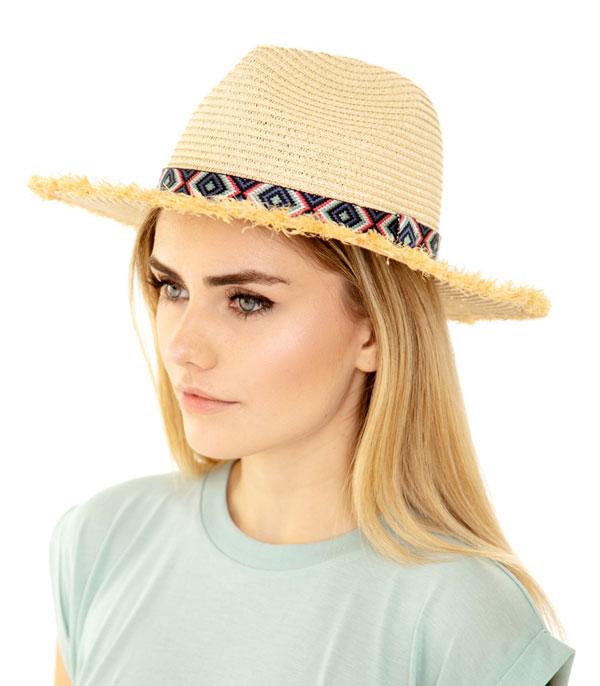 HATS I HAIR ACC :: RANCHER| STRAW HAT :: Wholesale Frayed Trim Aztec Straw Hat