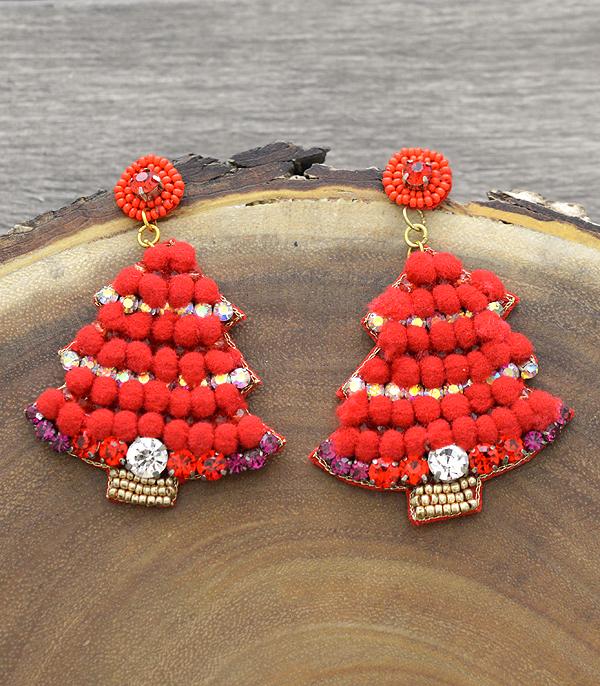 <font color=GREEN>HOLIDAYS</font> :: Wholesale Pom Stone Christmas Tree Earrings