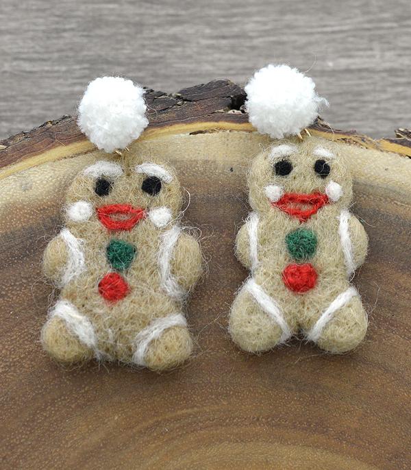 <font color=GREEN>HOLIDAYS</font> :: Wholesale Pom Pom Gingerbread Man Earrings