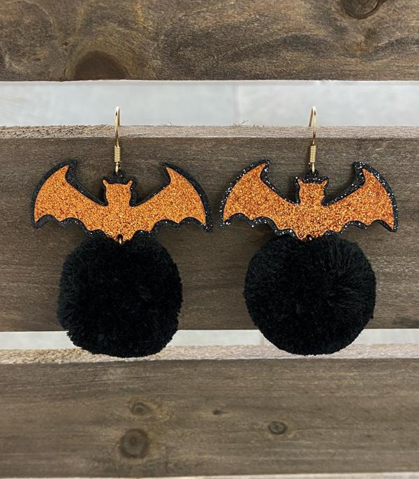 <font color=GREEN>HOLIDAYS</font> :: Wholesale Glitter Bat Pom Pom Earrings
