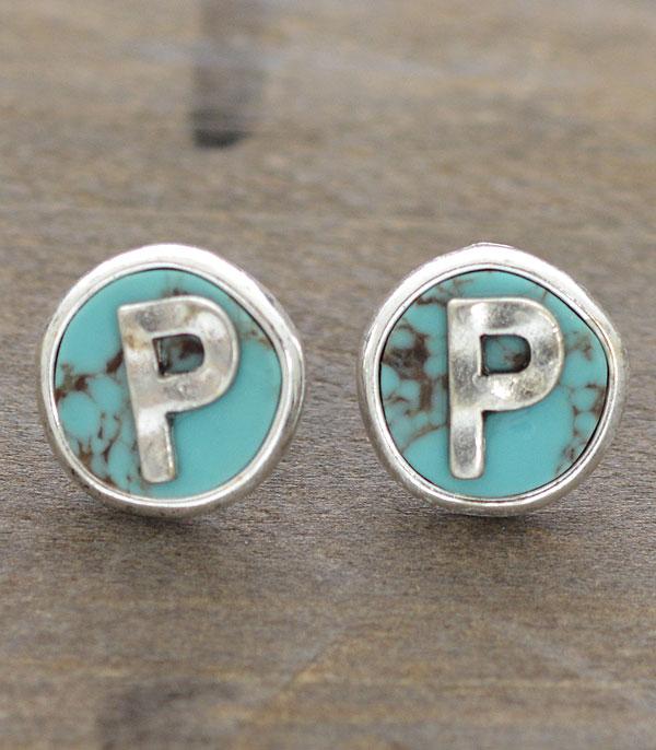 INITIAL JEWELRY :: BRACELETS | EARRINGS :: Wholesale Turquoise Initial Round Post Earrings