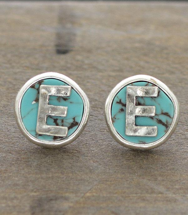 INITIAL JEWELRY :: BRACELETS | EARRINGS :: Wholesale Turquoise Initial Round Post Earrings