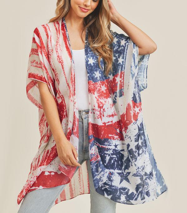<font color=RED>RED,WHITE, AND BLUE</font> :: Wholesale US Flag Print Kimono Cover Up