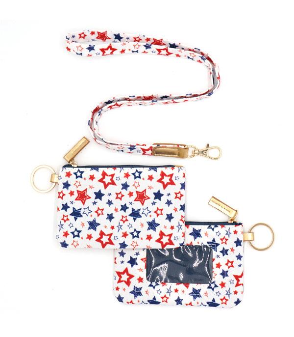 <font color=RED>RED,WHITE, AND BLUE</font> :: Wholesale USA Star Print ID Wallet Lanyard