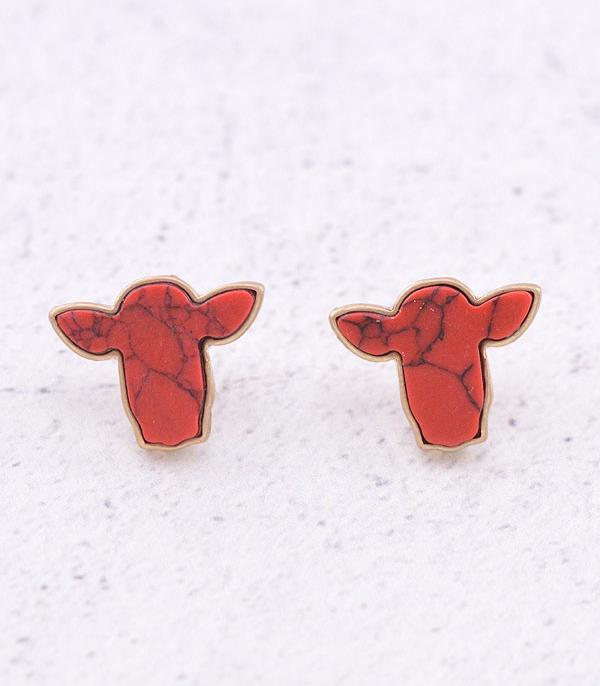 EARRINGS :: POST EARRINGS :: Wholesale Western Semi Stone Cow Post Earrings