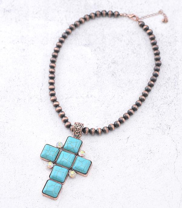 NECKLACES :: TRENDY :: Wholesale Turquoise Semi Stone Cross Necklace