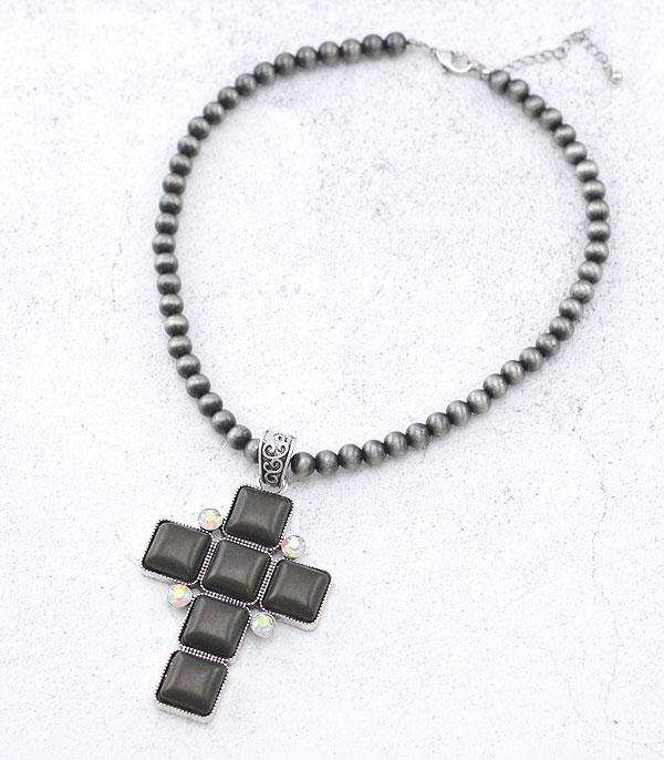 NECKLACES :: TRENDY :: Wholesale Turquoise Semi Stone Cross Necklace