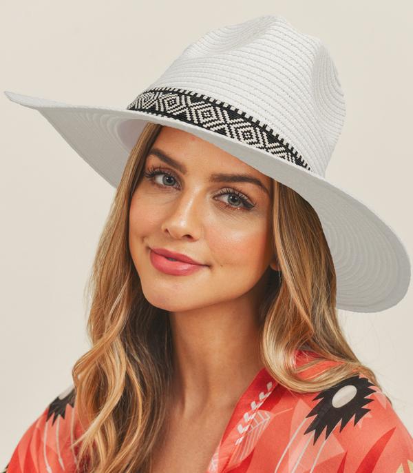 HATS I HAIR ACC :: RANCHER| STRAW HAT :: Wholesale Aztec Trim Womens Summer Straw Hat