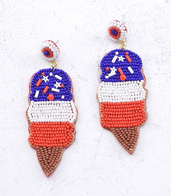 <font color=RED>RED,WHITE, AND BLUE</font> :: Wholesale USA Seed Bead Ice Cream Earrings