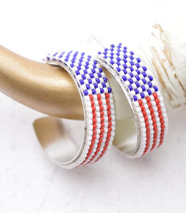 <font color=RED>RED,WHITE, AND BLUE</font> :: Wholesale American Flag Seed Bead Hoop Earrings