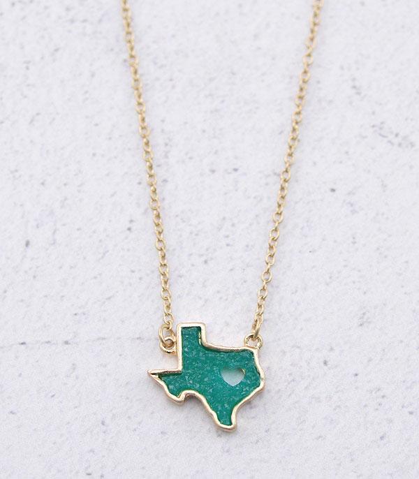 NECKLACES :: CHAIN WITH PENDANT :: Wholesale Druzy Heart Texas Map Necklace