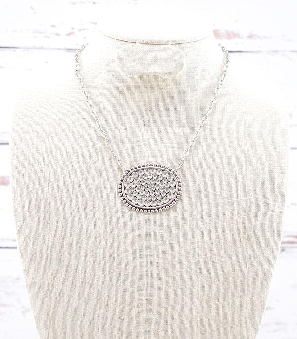 NECKLACES :: TRENDY :: Wholesale Light Metal Rhinestone Oval Necklace