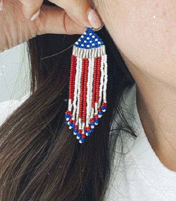 <font color=RED>RED,WHITE, AND BLUE</font> :: Wholesale US Flag Seed Bead Fringe Earrings