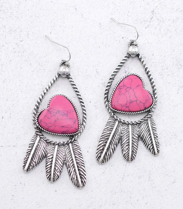 <font color=#FF6EC7>PINK COWGIRL</font> :: Wholesale Western Turquoise Heart Feather Earrings