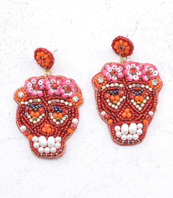 <font color=GREEN>HOLIDAYS</font> :: Wholesale Seed Bead Sugar Skull Earrings