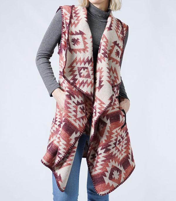 KIMONO I SCARVES :: VEST/ CARDIGAN :: Wholesale Western Aztec Pattern Winter Vest
