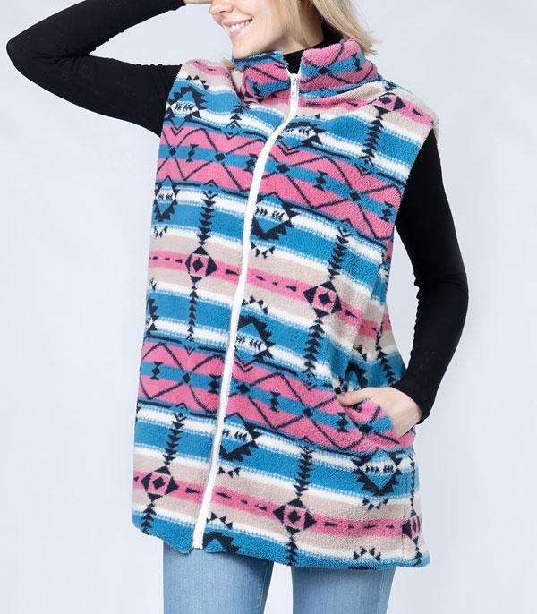 KIMONO I SCARVES :: VEST/ CARDIGAN :: Wholesale Western Aztec Sherpa Fleece Vest