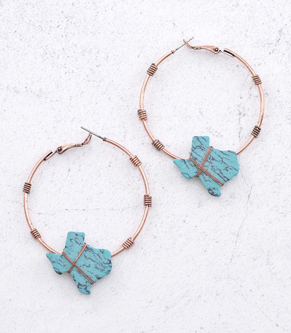 EARRINGS :: HOOP EARRINGS :: Wholesale Turquoise Semi Stone Texas Map Earrings