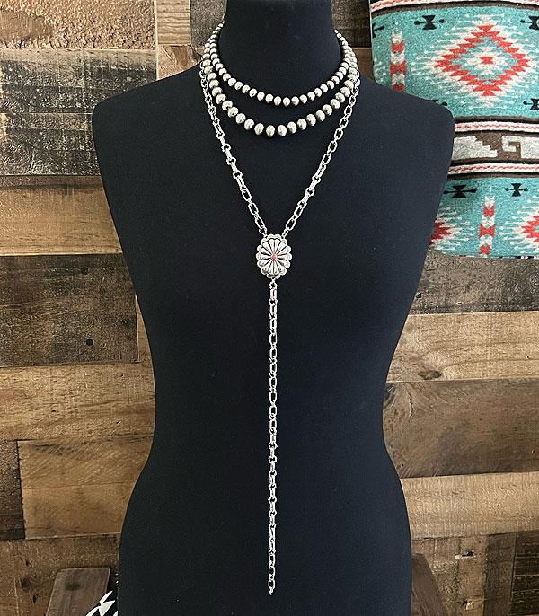 <font color=#FF6EC7>PINK COWGIRL</font> :: Wholesale Western Concho Layered Lariat Necklace