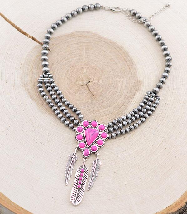 <font color=#FF6EC7>PINK COWGIRL</font> :: Wholesale Western Turquoise Feather Charm Necklace