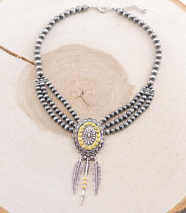 New Arrival :: Wholesale Western Concho Feather Charm Necklace
