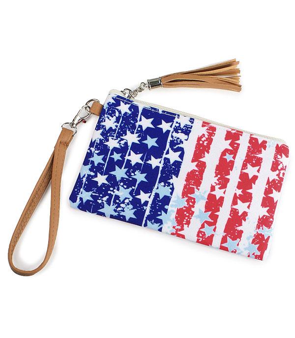 <font color=RED>RED,WHITE, AND BLUE</font> :: Wholesale American Flag Print Wristlet