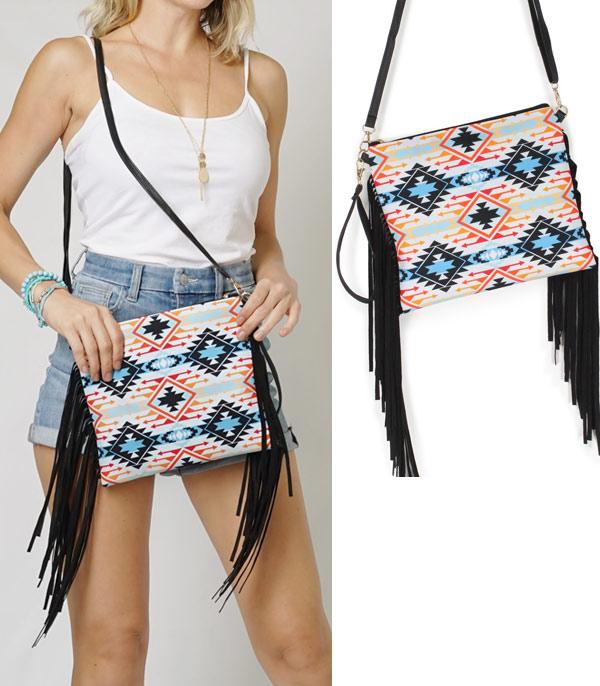 HANDBAGS :: CROSSBODY BAGS :: Wholesale Western Aztec Fringe Crossbody Bag
