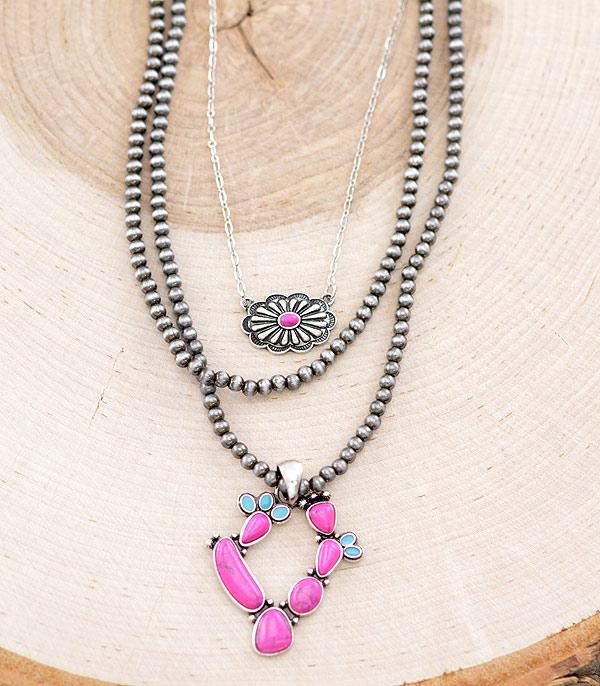 <font color=#FF6EC7>PINK COWGIRL</font> :: Wholesale Western Cactus Navajo Layered Necklace