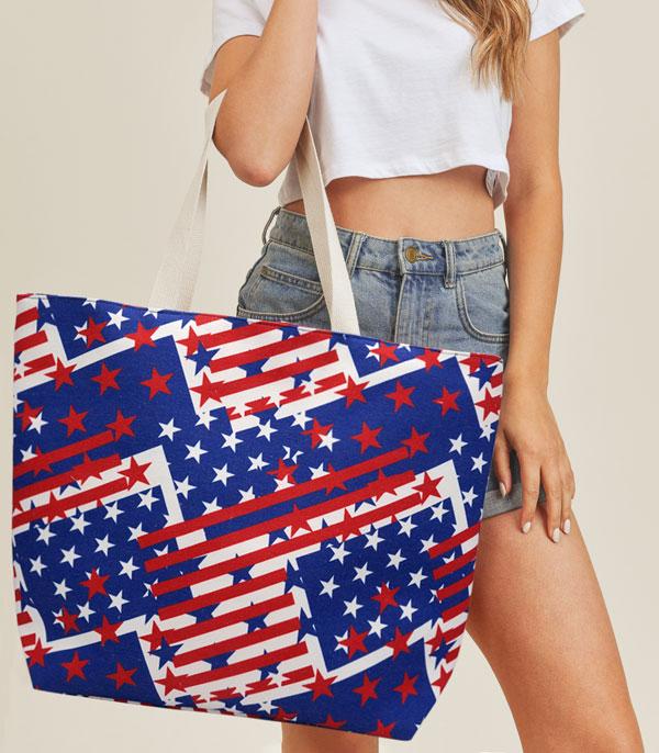 <font color=RED>RED,WHITE, AND BLUE</font> :: Wholesale Patriotic Star Print Tote