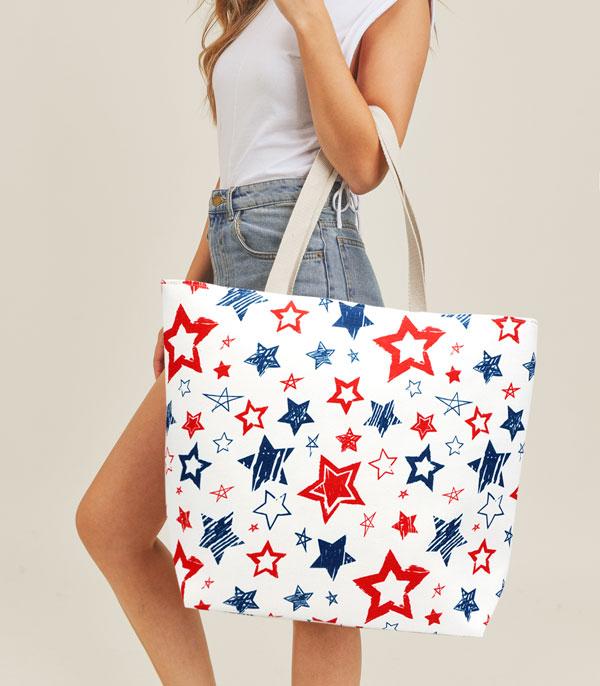 <font color=RED>RED,WHITE, AND BLUE</font> :: Wholesale Red White Blue Star Print Tote