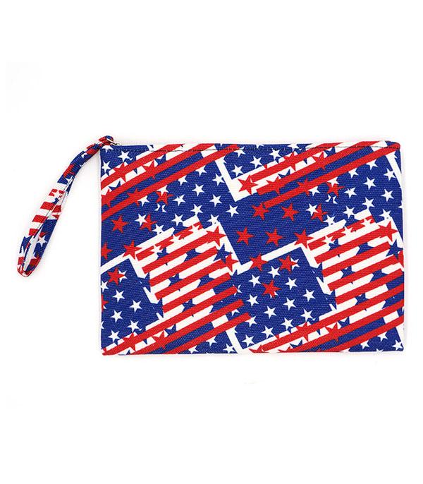 <font color=RED>RED,WHITE, AND BLUE</font> :: Wholesale American Flag Print Pouch 