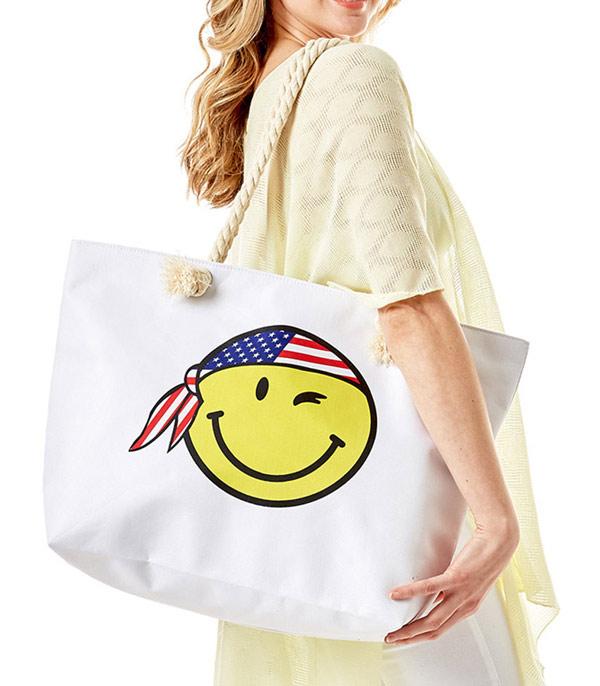 <font color=RED>RED,WHITE, AND BLUE</font> :: Wholesale USA Flag Happy Face Beach Tote