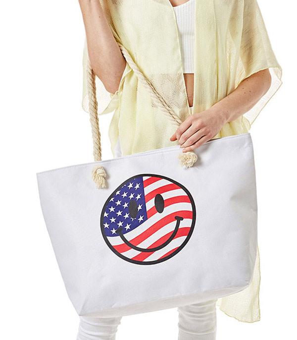 <font color=RED>RED,WHITE, AND BLUE</font> :: Wholesale USA Flag Happy Face Beach Tote