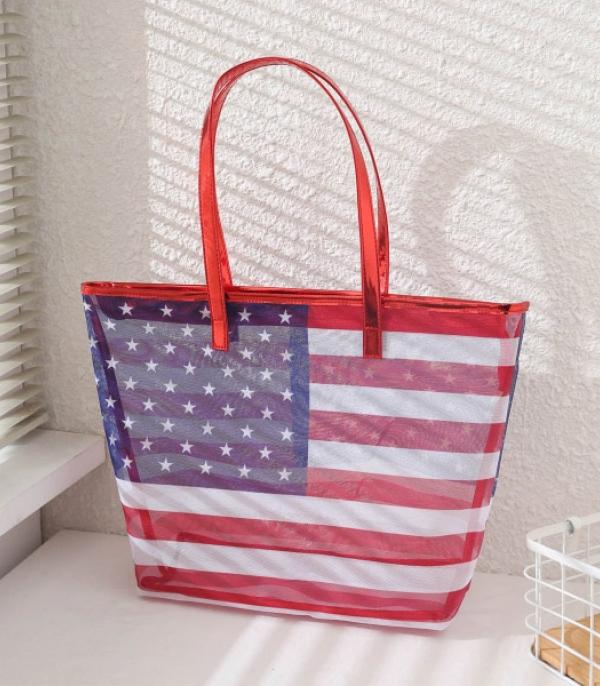 <font color=RED>RED,WHITE, AND BLUE</font> :: Wholesale Transparent American Flag Tote Bag