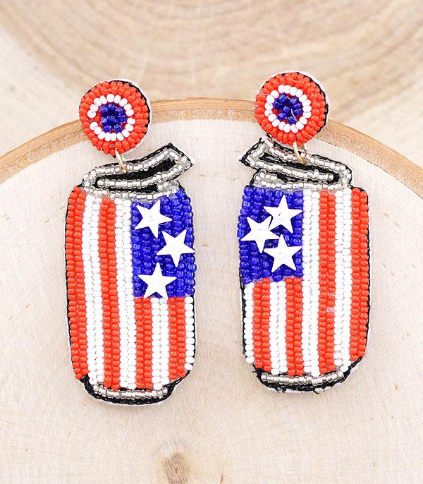 <font color=RED>RED,WHITE, AND BLUE</font> :: Wholesale Beaded American Flag Beer Earrings