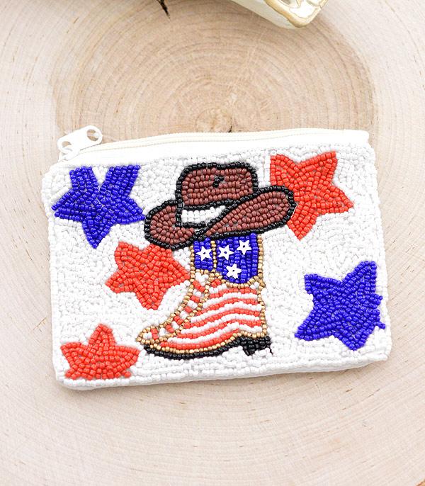 <font color=RED>RED,WHITE, AND BLUE</font> :: Wholesale Beaded Cowgirl Boots Coin Pouch