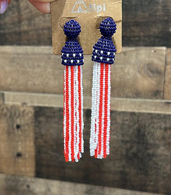 <font color=RED>RED,WHITE, AND BLUE</font> :: Patriotic Seed Bead Tassel Earrings