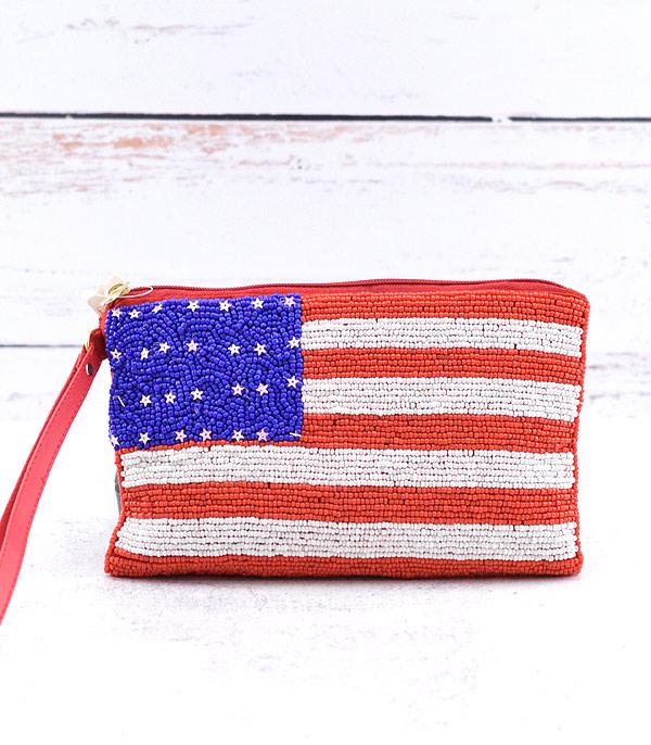 <font color=RED>RED,WHITE, AND BLUE</font> :: Wholesale USA Flag Beaded Wristlet Pouch