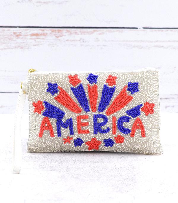 <font color=RED>RED,WHITE, AND BLUE</font> :: Wholesale America Beaded Wristlet Pouch