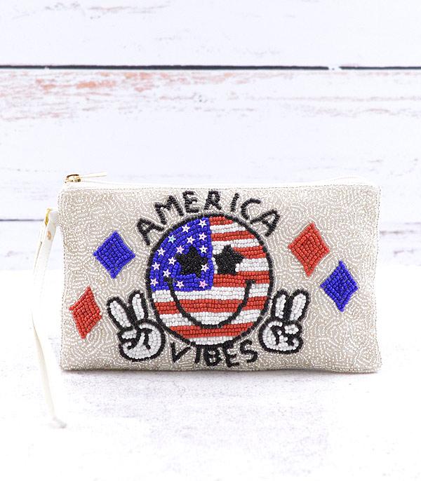 <font color=RED>RED,WHITE, AND BLUE</font> :: Wholesale Beaded America Vibes Wristlet Pouch