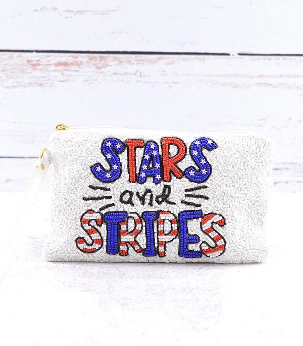 <font color=RED>RED,WHITE, AND BLUE</font> :: Wholesale Stars And Stripes Beaded Wristlet Pouch