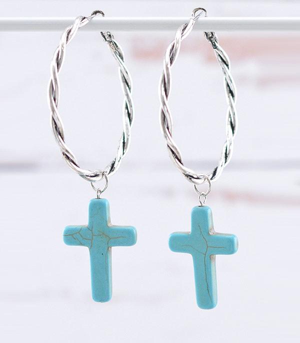 New Arrival :: Wholesale Western Turquoise Cross Hoop Earrings