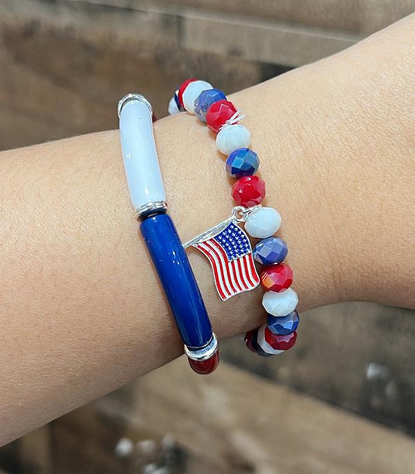 <font color=RED>RED,WHITE, AND BLUE</font> :: Wholesale USA Flag Charm Bracelet Set