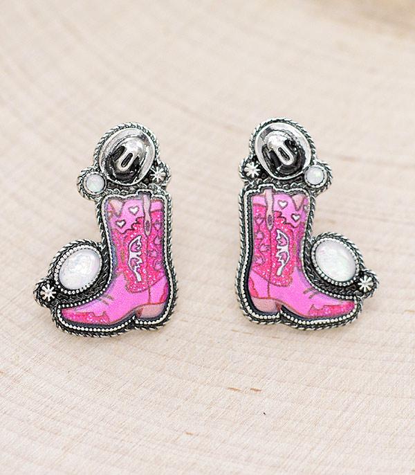 EARRINGS :: WESTERN POST EARRINGS :: Wholesale  Pink Cowgirl Boots Earrings
