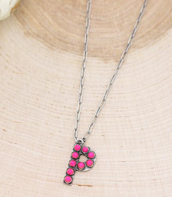 INITIAL JEWELRY :: NECKLACES | RINGS :: Wholesale Western Fuchsia Stone Initial Necklace